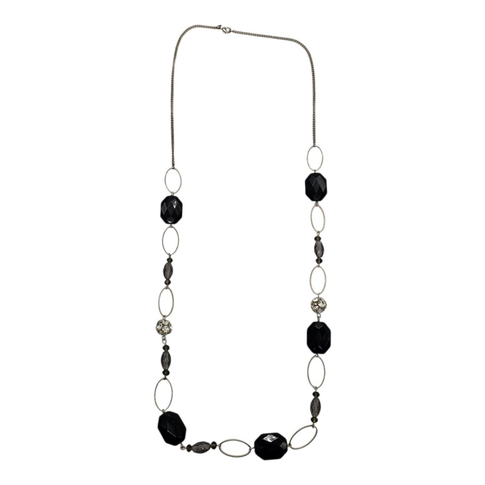 Vintage NRT Silver-Tone Chain Necklace With Black & Clear Beads 17-Inch Length